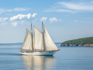 Graceful sailing ship gliding through calm blue waters under a bright sky coastal landscape seascape travel adventure