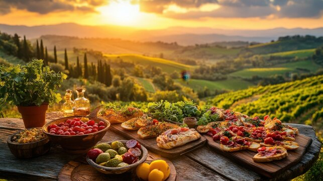 Tuscan Feast at Sunset Bruschetta and Antipasto on Rustic Table with Rolling Hills and Golden Light