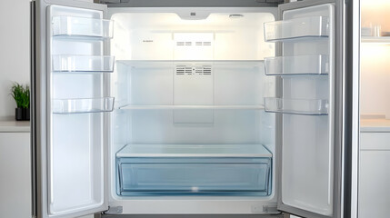 Open Empty Stainless Steel Refrigerator In A Modern Bright Kitchen Interior With White Shelves And Drawers Ready For Food Storage
