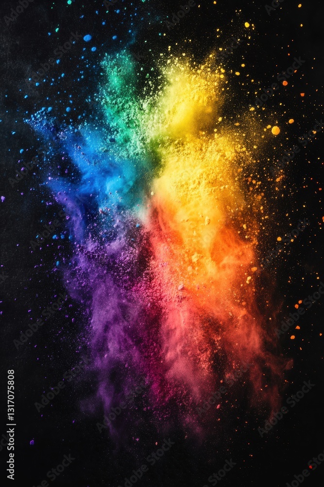 Poster vibrant rainbow powder explosion on dark background creating a dynamic and colorful abstract art pie