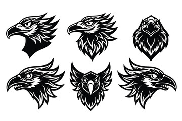 Obraz premium Eagle heads heads black vector, eagle in flight silhouette vector, Black eagle head vector illustration set, black and white bird head