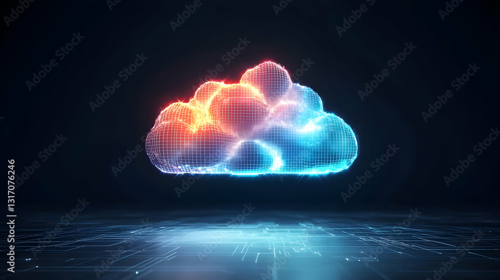 Poster glowing red and blue cloud computing on dark circuit background