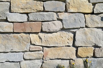 Obraz premium Stone wall texture, outdoor, sunlight, plants, background