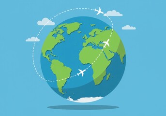 Naklejka premium Globe, Earth, airplane, travel, world map, continents, clouds, flight path, blue background, green landmasses, white silhouettes, flat design, simplified