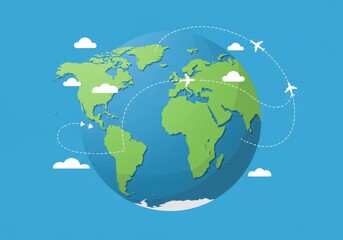 Fototapeta premium Globe, Earth, airplane, travel, world map, continents, clouds, flight path, blue background, green landmasses, white silhouettes, flat design, simplified