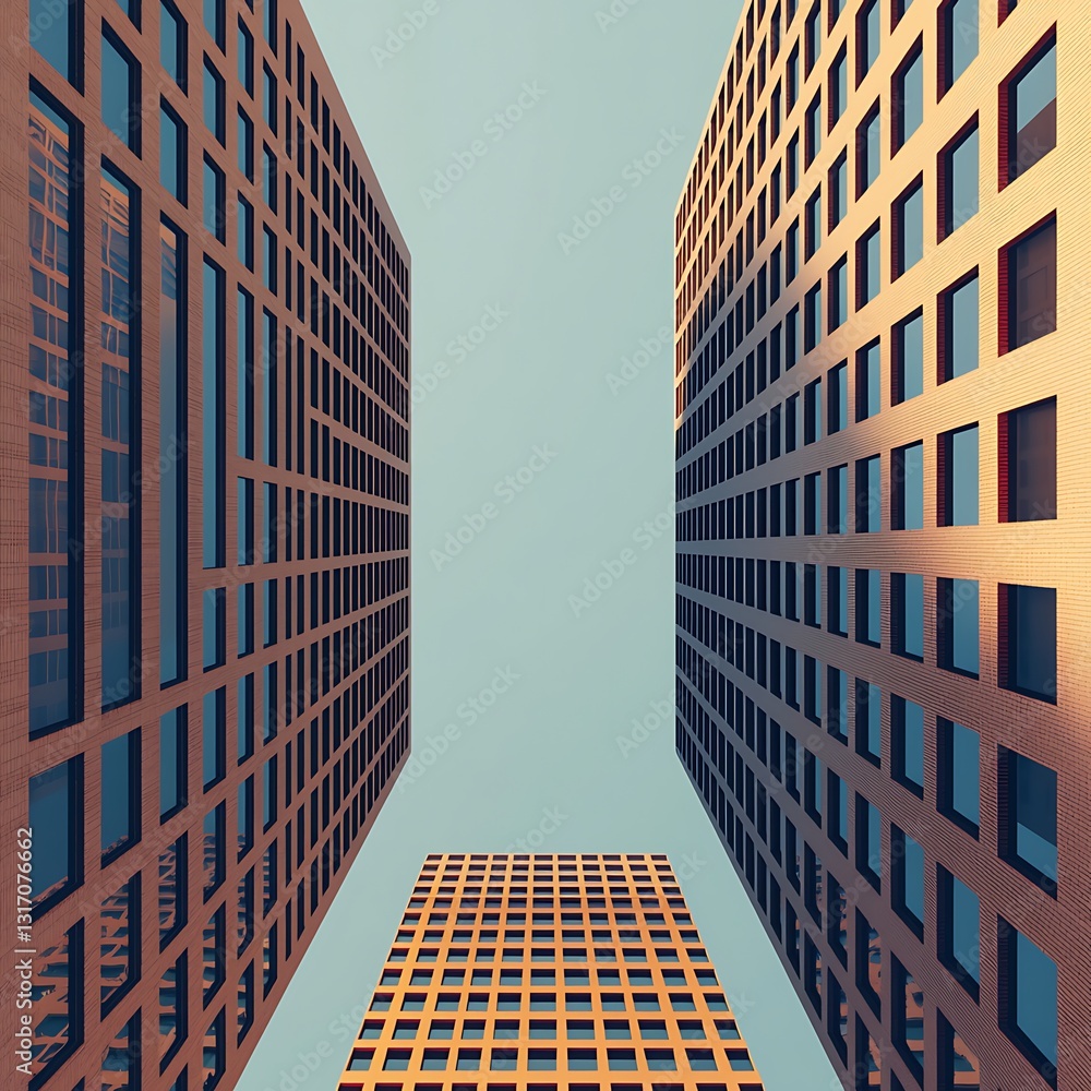 Poster a low-angle view of tall buildings converging towards the sky, showcasing modern architecture with g