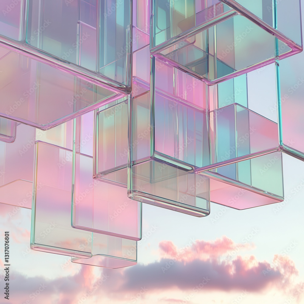 Poster abstract colorful transparent cubes with soft gradient background