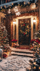 Fototapeta premium Snowfall on a festively decorated house entrance; Christmas trees, wreaths, and warm lights create a magical scene