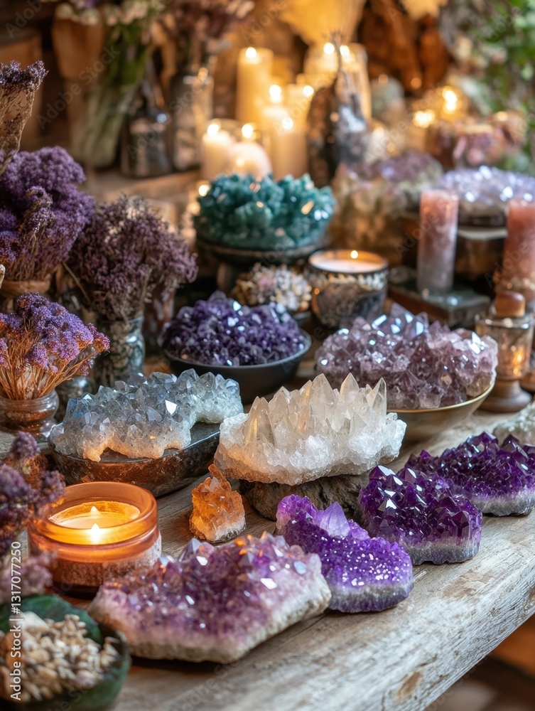 Poster enchanting crystal display with amethyst quartz and candle glow creating a mystical ambiance on rust