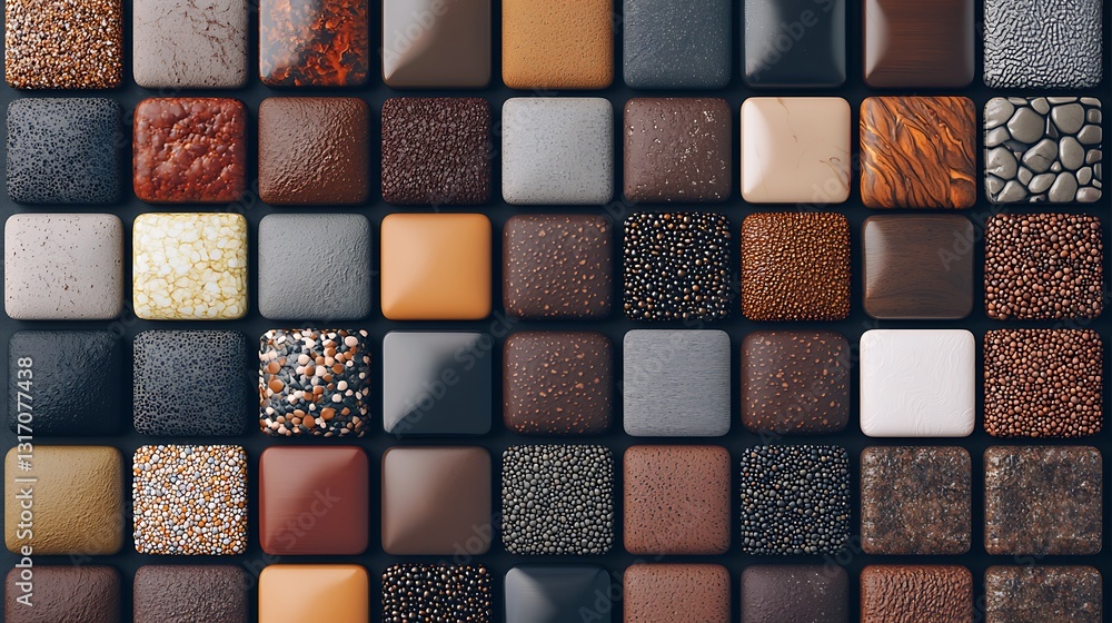 Poster a vibrant collection of textured tiles in various colors and patterns, showcasing surface diversity 