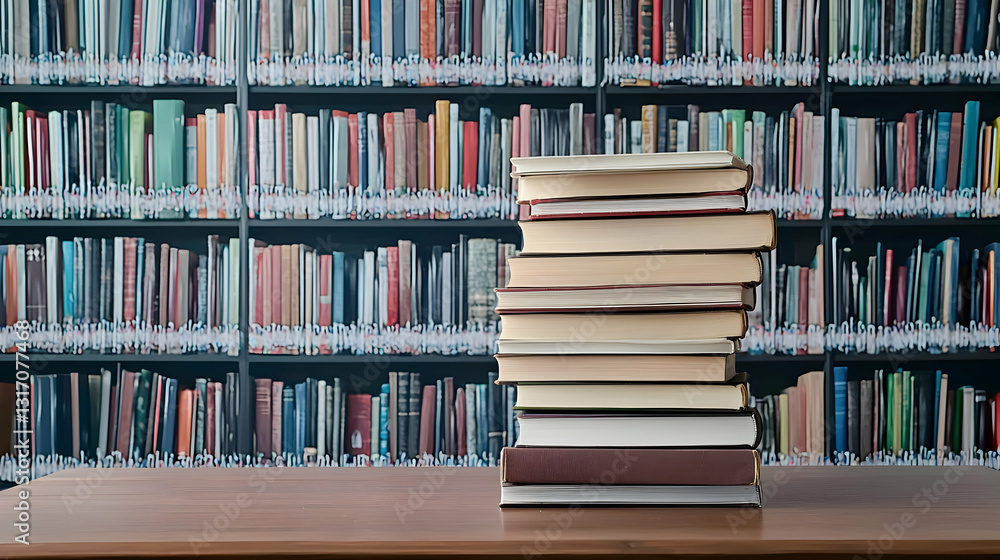 Poster stack of assorted books on a wooden table in a blurry library bookshelf background emphasizing educa