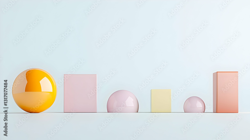 Poster 3d render of orange sphere pink cube and pastel shapes in a row on light blue studio background mini