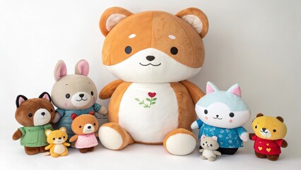 Naklejka premium Collection of kawaii plush animal toys: bear, rabbit, fox, and cat. Cute and soft stuffed animals in pastel colors for kids