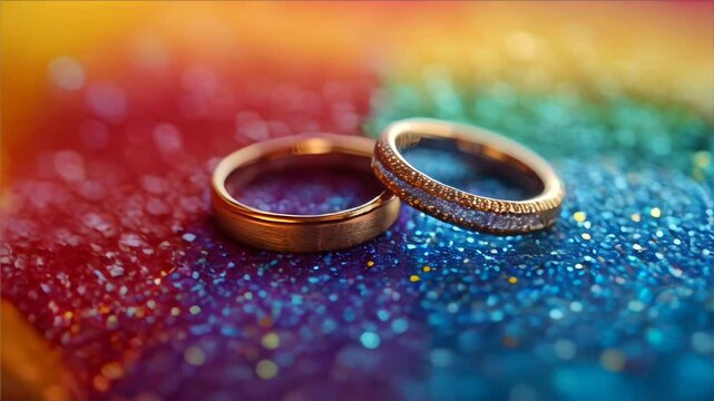 Two gold wedding rings resting on a rainbow lgbt flag symbolizing marriage equality and rights