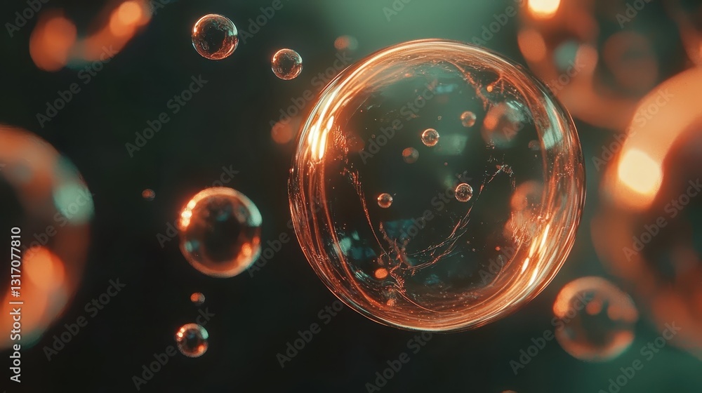 Poster mesmerizing floating bubbles with soft glowing lights in dark background