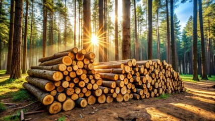Sunlit Forest Harvest Stacks of freshly cut logs rest in a sun-dappled clearing amongst towering trees, a scene of natural resource management and the cycle of forest renewal.