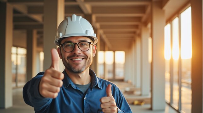 Construction worker smiles, giving two thumbs up in a bright, sunlit building under construction. Positive attitude and project success.