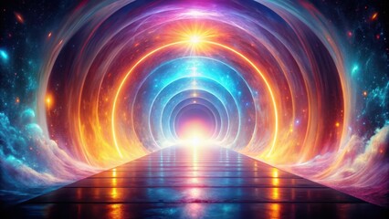 Obraz premium A Futuristic Cosmic Pathway Leading Through Vibrant Nebulae and Glowing Rings of Light
