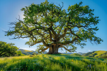 Fototapeta premium Majestic Oak Tree Standing Tall in a Sunlit Meadow Surrounded by Vibrant Greenery and Wildflowers Under a Clear Blue Sky