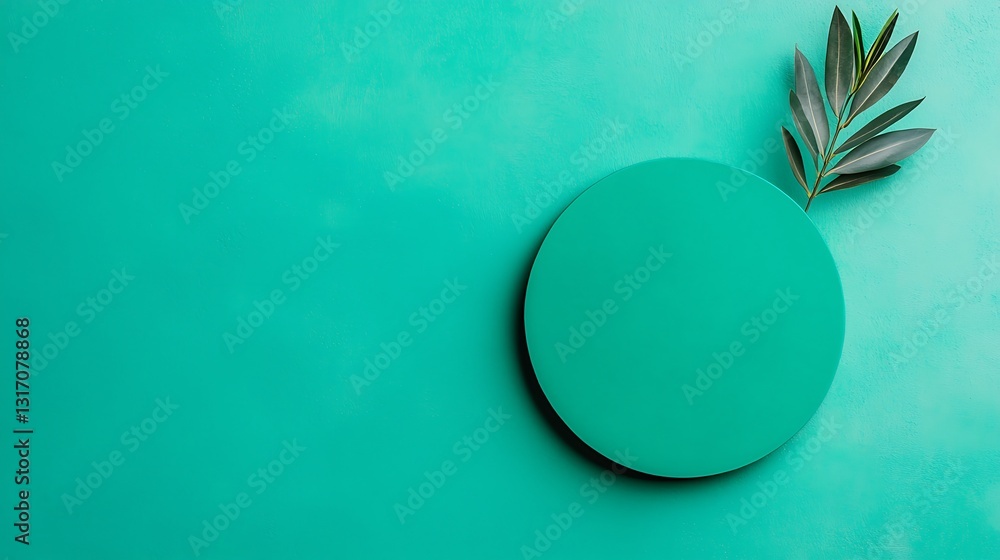 Poster a minimalistic design featuring a green circular object and a leaf on a textured turquoise backgroun