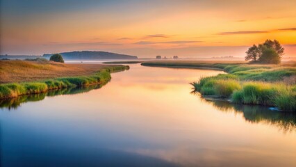 Serene River at Sunrise A Tranquil Landscape of Golden Hues and Verdant Shores