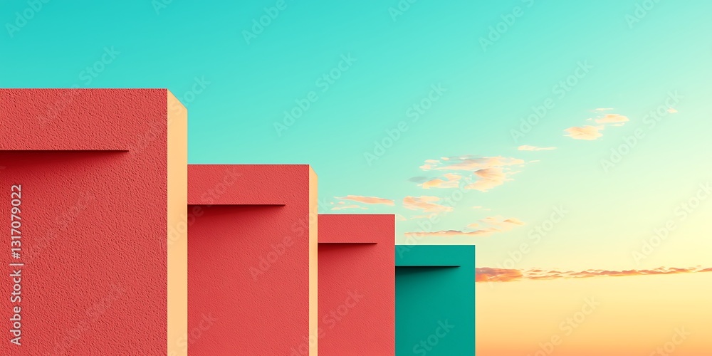 Poster a vibrant scene featuring colorful geometric structures against a gradient sky, evoking a sense of m