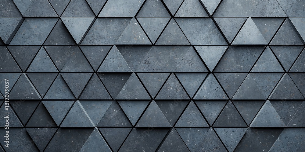 Poster a textured wall made of triangular tiles in various shades of gray, creating a modern, geometric pat