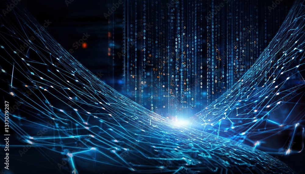 Poster Exploring the Depths of Technology With Glowing Nodes and Binary Code Patterns in a Dark Space