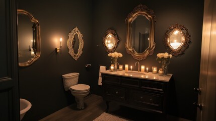 Dark, Luxurious Bathroom with Antique Mirrors