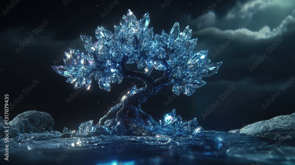 Poster sparkling crystal tree with shimmering gems against dark background