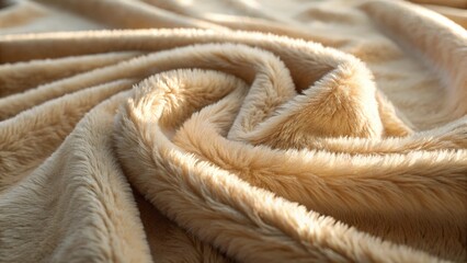 A luxurious close-up of a taupe faux rabbit fur blanket, showcasing its soft, plush texture and warm, neutral tone, perfect for themes of comfort, home decor, and cozy interiors