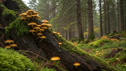 Golden mushrooms sprout on moss-covered log in a mystical forest, sunlight filtering through tall trees, creating an enchanting autumnal scene.