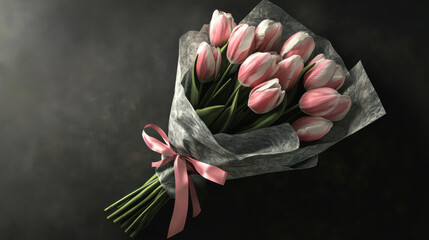 Beautiful bouquet of pink tulips wrapped in delicate paper against a dark background