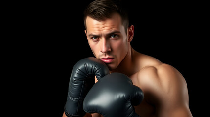 muscular handsome male boxer in boxing gloves on a black background, studio photo, portrait of an athlete, training, face, brutal, strong man