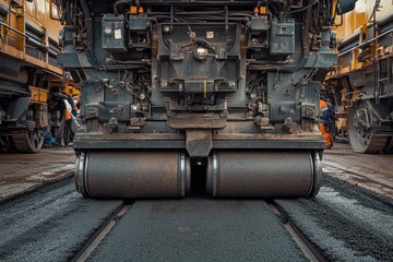 Asphalt paver machine at work on new roadway