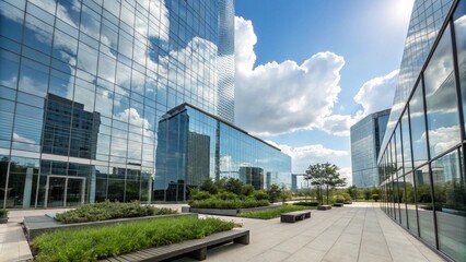 Modern office building exterior on a sunny day, showcasing contemporary architecture and corporate design against a clear blue sky.
