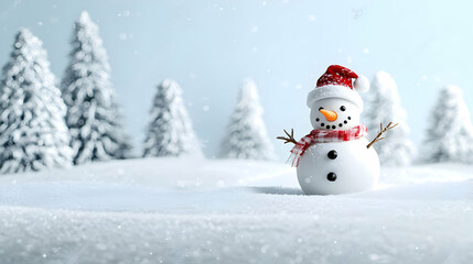 Fototapeta premium A Cheerful Snowman In A Santa Hat and Scarf Stands In A Snowy Forest Clearing With Snow-Covered Trees In The Background On A Bright Winter Day