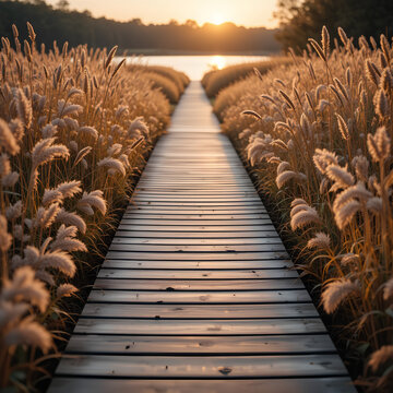 Boardwalk at coastal marsh during sunset, offering tranquil views, easy access, and a deep connection with nature.