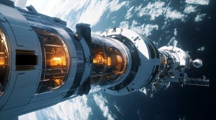 High-altitude spaceport skywalk experience outer space digital art cosmic environment aerial view futuristic design