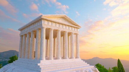 Obraz premium Ancient White Greek Temple at Sunset on Hilltop