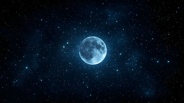 Pixel Art Depiction of a Bright Blue Moon Amidst a Dark Blue Starry Night Sky