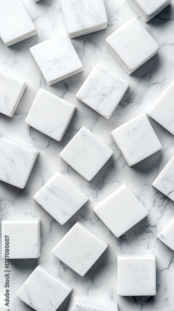 Poster a flat lay of white marble tiles arranged in a scattered pattern, showcasing their smooth texture an