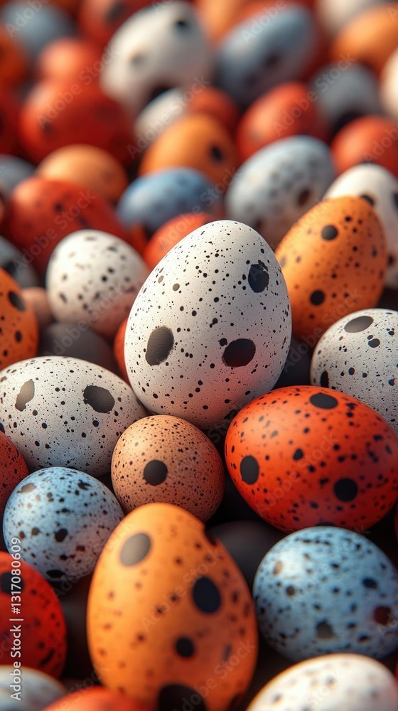 Poster a colorful assortment of speckled eggs in various sizes and colors, creating a vibrant display