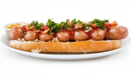 Appetizing Sausage Sandwich with Caramelized Onions and Sauce