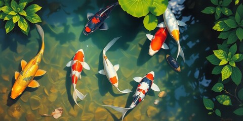 Serene Koi Pond with Colorful Fish Swimming &ndash; Peaceful Zen Garden Atmosphere