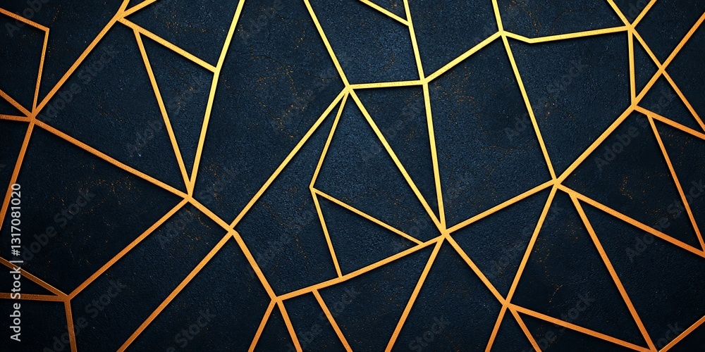 Poster a textured background featuring interlocking geometric patterns in dark blue and gold tones, creatin
