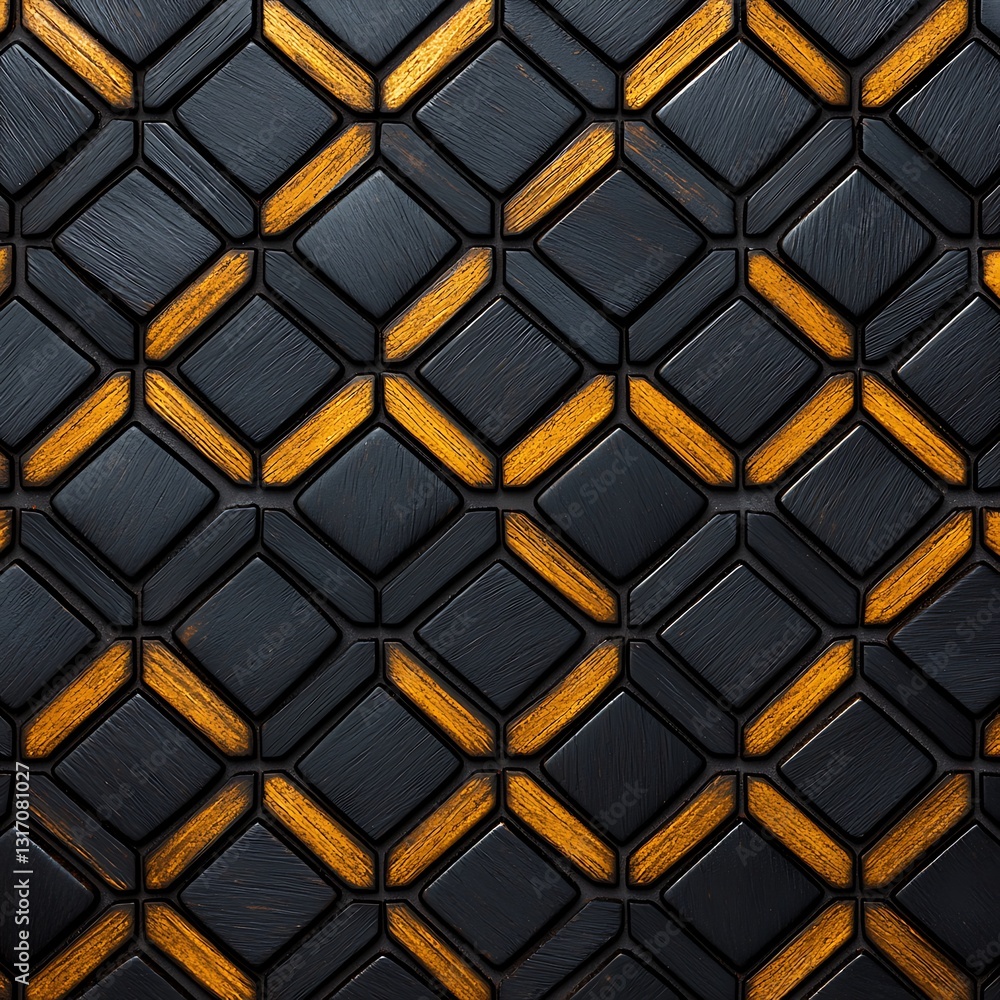 Poster a textured geometric pattern featuring black and orange tiles arranged in a distinctive layout.