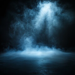 Fototapeta premium Moody blue smoke fills dark space, spotlight illuminating ground