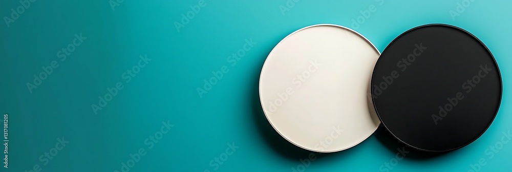 Poster two circular objects, one black and one white, are placed side by side on a smooth turquoise backgro