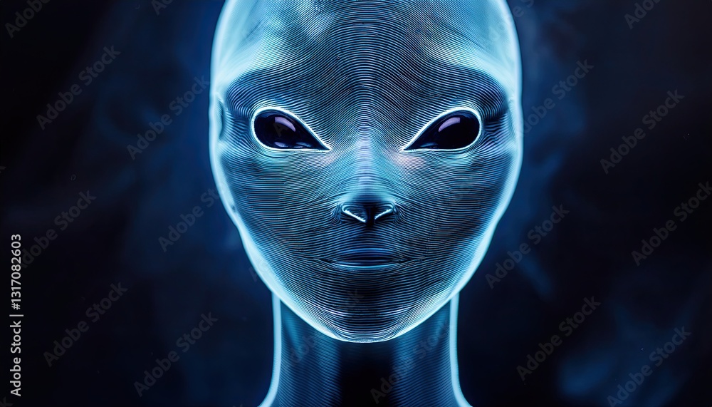 Poster holographic representation of an alien face illuminated against a dark cosmic backdrop